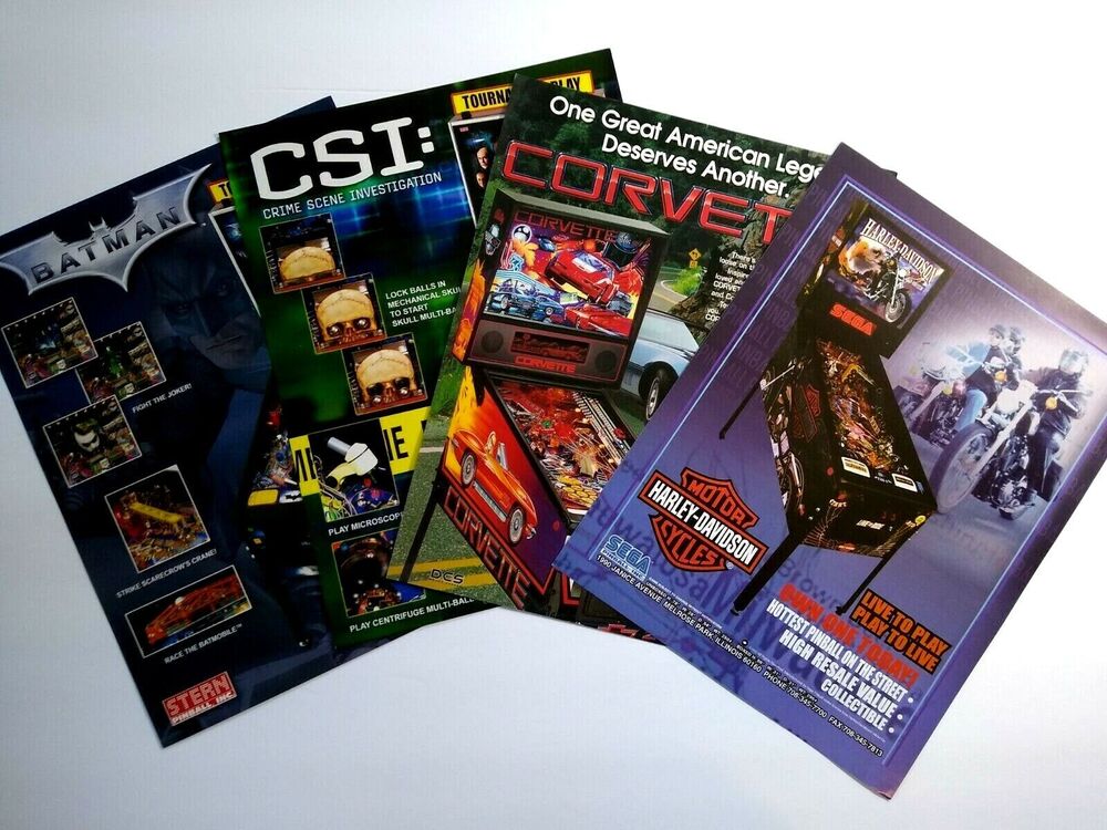 Pinball Flyers Lot Of 4 Games CSI Batman DK Corvette Harley Davidson #64